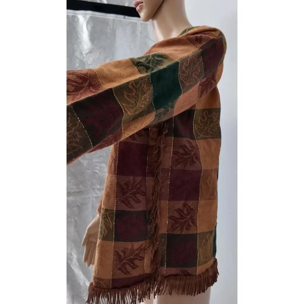 Vintage Boho Patchwork‎ Fringe Jacket Brown Green Burgundy Suede Style L